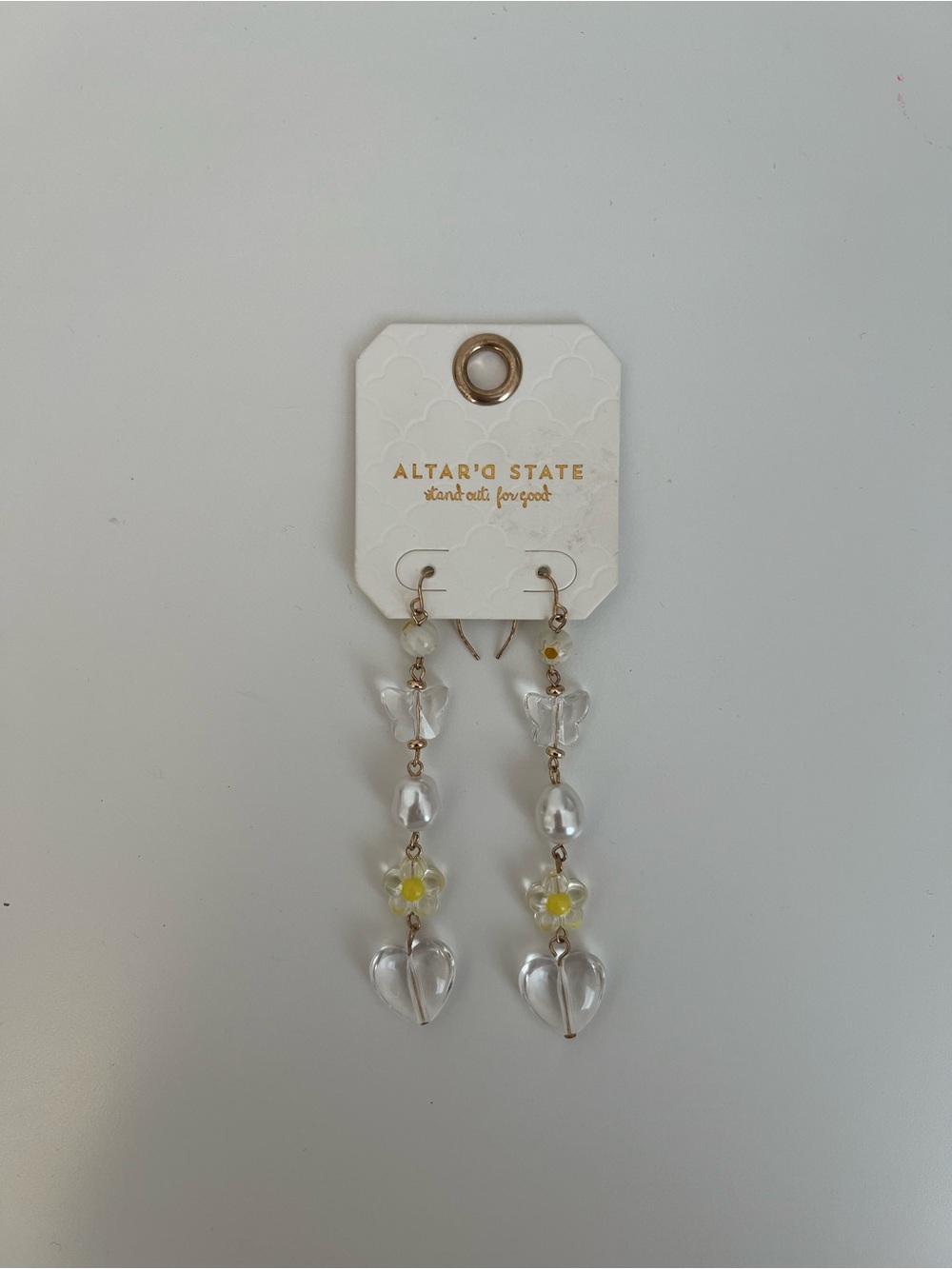 Altar'd State Clear Heart & Flower Drop Earrings with Yellow Accents
